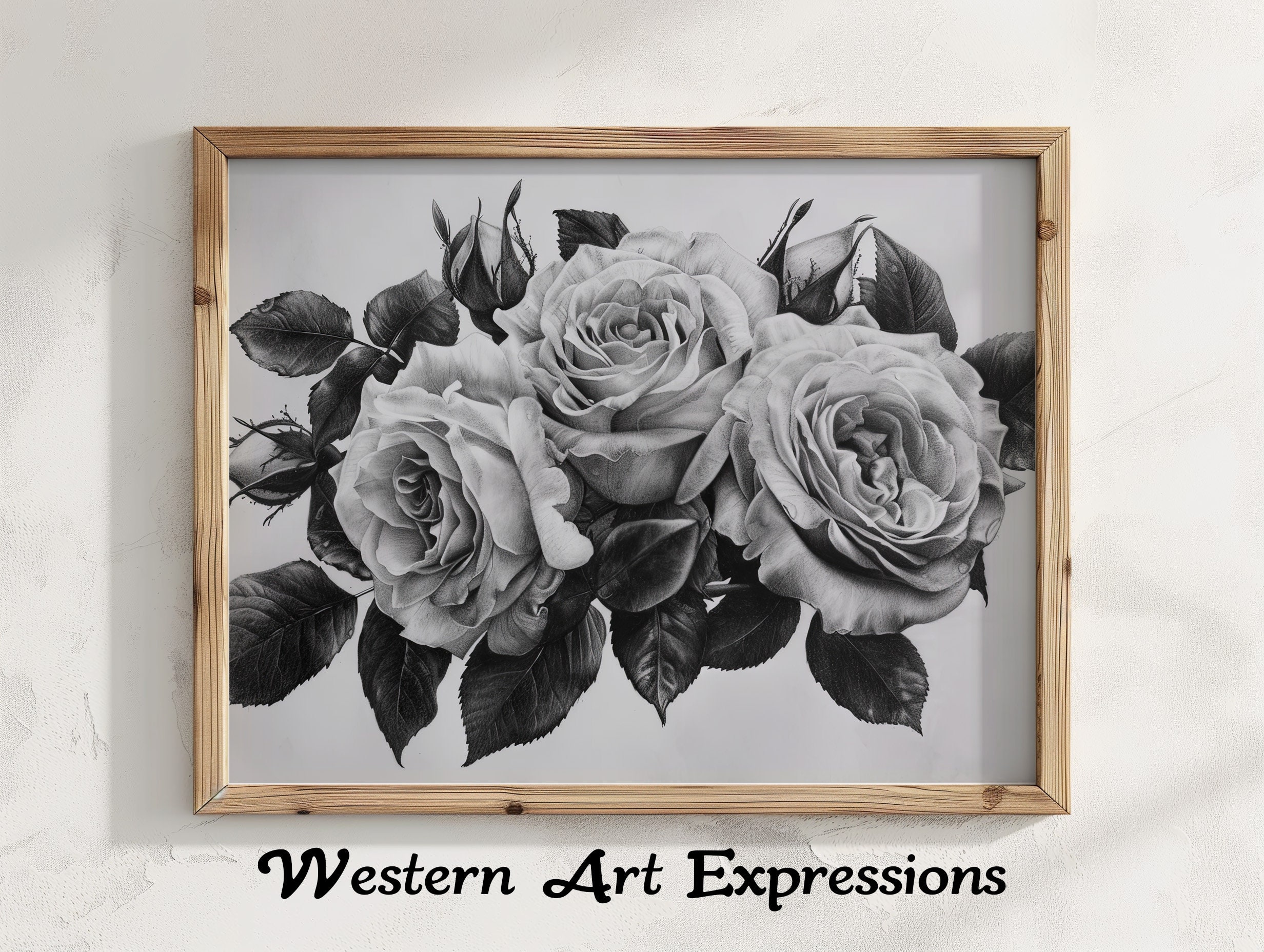 Trio of Roses - Ink Drawing | Black and White Rose Artwork | Large Wall ...