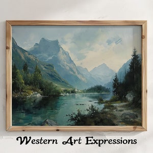 Church on the Lake | Vintage Painting | Landscape Oil Painting | Mountain Lake Scenery Wall Art | Living Room Artwork | Serene Outdoor Scene