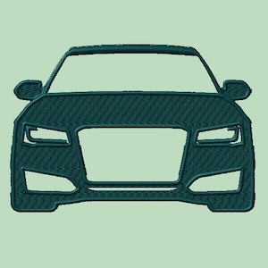 May include: A dark teal blue front view of a car with headlights and a grill.