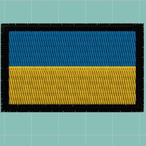 May include: A blue and yellow embroidered patch with a black border, representing the Ukrainian flag.