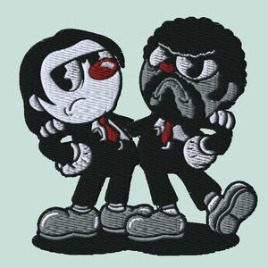 Può includere: Due personaggi dei cartoni animati in completo nero con cravatte rosse si fronteggiano con espressioni arrabbiate. Il personaggio a sinistra ha i capelli neri e il viso bianco, mentre il personaggio a destra ha i capelli neri e il viso grigio.