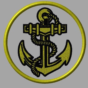 May include: A gold anchor with a rope design, surrounded by a yellow circle.