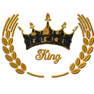 May include: A gold crown with black details sits atop a wreath of gold leaves. The word "King" is written in a gold cursive font below the crown.