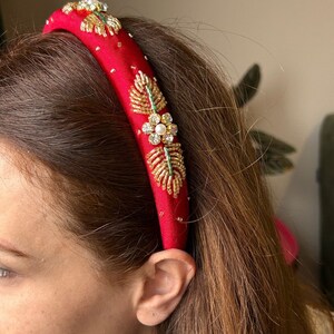 Design Handmade Hand Embroidered Red Embroidery Evening Dress Henna Engagement Hair Accessory Crown