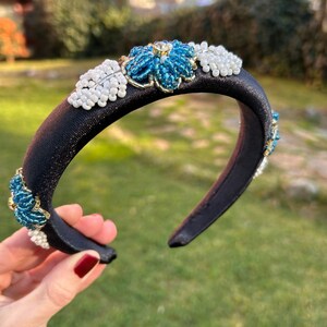 Design Handmade Hand Embroidered Satin Black Embroidery Evening Dress Henna Engagement Hair Accessory Crown