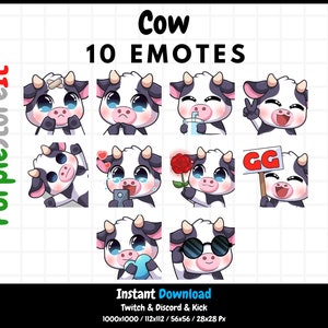 10 emotikonów krowy o niebieskich oczach | Emotki Twitch | Emotki Discord | Emotki kopnięcia | Słodka krowa | Zestaw emotikonów