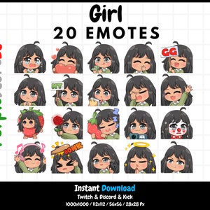 20 Girl emotes | Brown skin | Black eyes | Black hair | Twitch Emotes | Discord Emotes | Kick Emotes | Emotes Bundle
