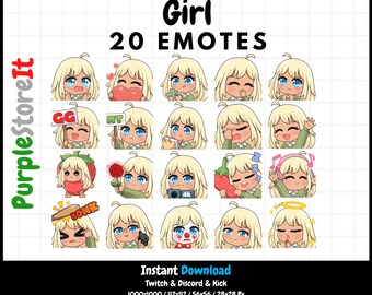 20 Girl emotes | Brown skin | Blue eyes | Blonde hair | Twitch Emotes | Discord Emotes | Kick Emotes | Emotes Bundle