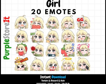 20 Girl emotes | Light skin | Black eyes | Blonde hair | Twitch Emotes | Discord Emotes | Kick Emotes | Emotes Bundle