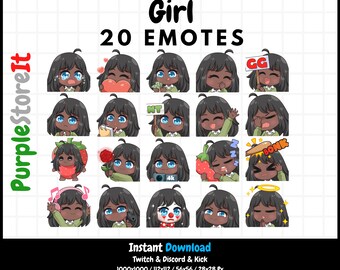 20 Girl emotes | Dark skin | Blue eyes | Black hair | Twitch Emotes | Discord Emotes | Kick Emotes | Emotes Bundle