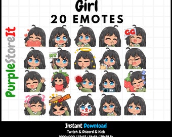 20 Girl emotes | Brown skin | Blue eyes | Black hair | Twitch Emotes | Discord Emotes | Kick Emotes | Emotes Bundle
