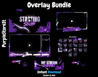 Animated Overlay Pack | Transition | Panels | Facecam |  Banners |  Alerts | Emotes | Purple anime overlay | overlay bundle