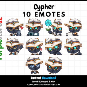 May include: Ten animated emotes featuring a character wearing a white hat and goggles. The character is in different poses and expressions, including a thumbs up, a wink, and a surprised expression. The emotes are labeled "Cypher 10 Emotes".