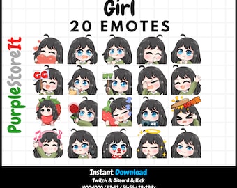 20 Girl emotes | Lighk skin | Blue eyes | Black hair | Twitch Emotes | Discord Emotes | Kick Emotes | Emotes Bundle
