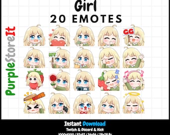 20 Girl emotes | Dark skin | Blue eyes | Blonde hair | Twitch Emotes | Discord Emotes | Kick Emotes | Emotes Bundle