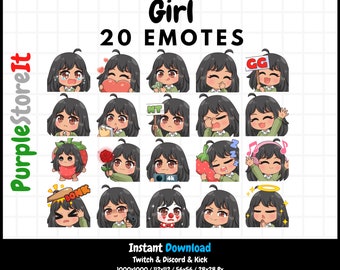 20 Girl emotes | Brown skin | Brown eyes | Black hair | Twitch Emotes | Discord Emotes | Kick Emotes | Emotes Bundle