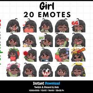 20 Girl emotes | Dark skin | Brown eyes | Black hair | Twitch Emotes | Discord Emotes | Kick Emotes | Emotes Bundle