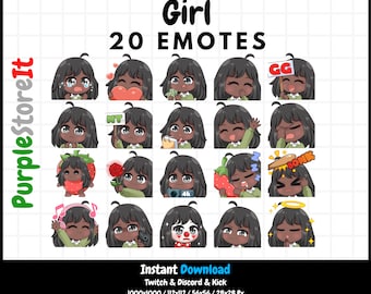 20 Girl emotes | Dark skin | Black eyes | Black hair | Twitch Emotes | Discord Emotes | Kick Emotes | Emotes Bundle