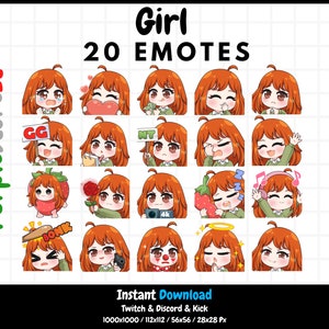 20 Girl emotes | Light skin | Black eyes | Ginger hair | Twitch Emotes | Discord Emotes | Kick Emotes | Emotes Bundle