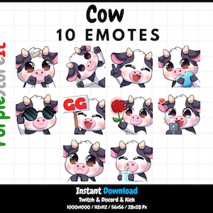 10 emotikonów krowy | Emotki Twitch | Emotki Discord | Emotki kopnięcia | Słodka krowa | Pakiet emotikonów