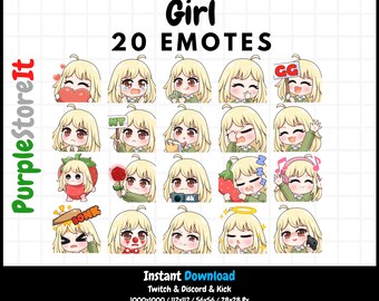 20 Girl emotes | Light skin | Brown eyes | Blonde hair | Twitch Emotes | Discord Emotes | Kick Emotes | Emotes Bundle