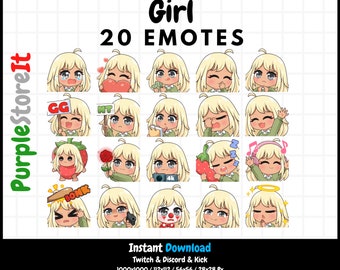 20 Girl emotes | Brown skin | Black eyes | Blonde hair | Twitch Emotes | Discord Emotes | Kick Emotes | Emotes Bundle