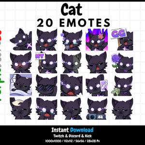 20 emoticones de gato negros/morados / Emotes de Twitch / Emotes de Discord / Emotes de patadas / Gatos lindos / Paquete de emoticones