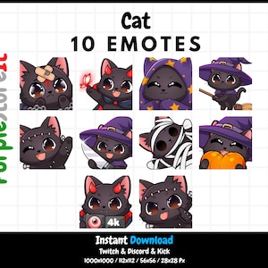 ハロウィーン黒猫エモート 10 個 | Twitch エモート | Discord エモート | キック エモート | かわいい猫 | エモート バンドル