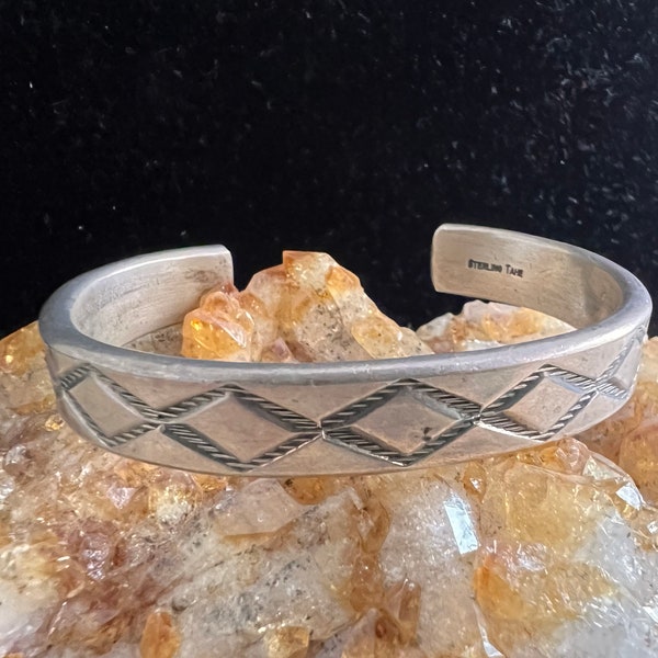 Sterling Silver Cuff Bracelet Stamped "TAHE" | Navajo Hand Stamped Bracelet by Nora Tahe