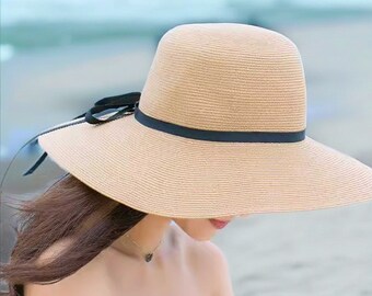 Casual Beach Hats, Summer Straw Hats, Beach Sun Hats, Shade Hats, Foldable Holiday Hats, Wide-Brimmed Hats, Bow Straw Hats