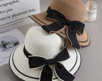 Cappello di paglia Panama, Cappello da sole alla moda, Cappello da spiaggia, Cappello da sole con fiocco, Cappello da sole pieghevole, Cappello di paglia elegante, Regalo per lei, Regalo da damigella d'onore