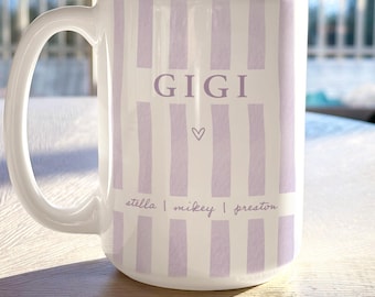 Custom Gigi Striped Coffee Mug, Personalized Gigi Mothers day Gifts For Grandma with Kids Names For Birthday Gifts For Her