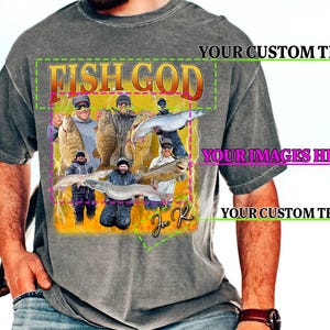 Pode incluir: Uma camiseta cinza com um gr&aacute;fico de um grupo de pessoas pescando. O gr&aacute;fico inclui o texto "Fish God" e "Joe K".