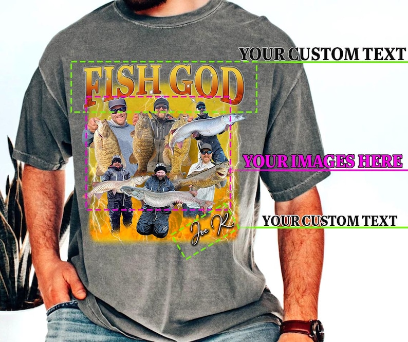 Pode incluir: Uma camiseta cinza com um gr&aacute;fico de um grupo de pessoas pescando. O gr&aacute;fico inclui o texto "Fish God" e "Joe K".