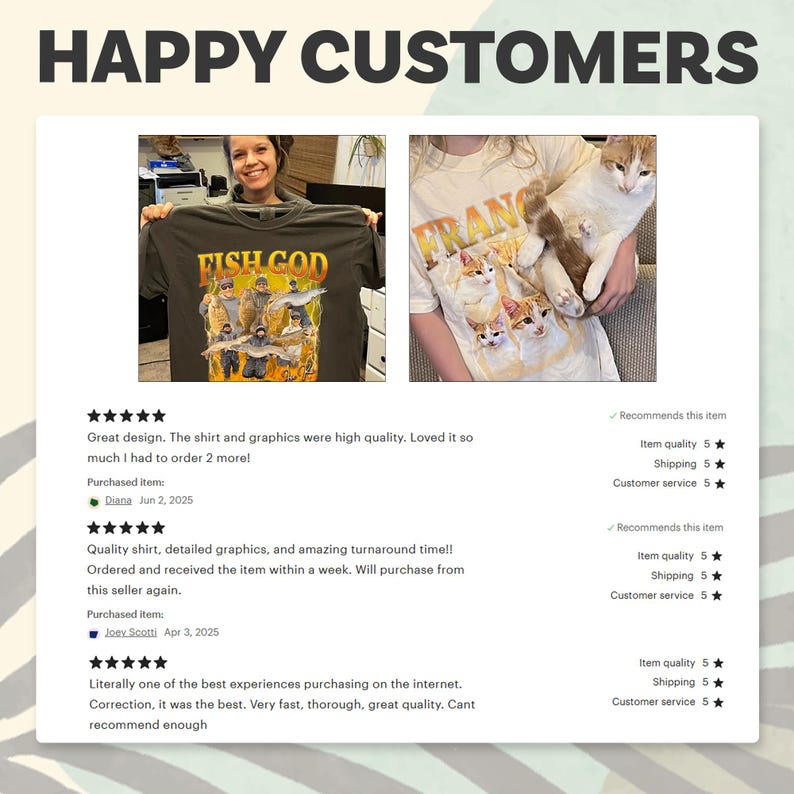 May include: The image shows two t-shirts. One is dark green with a graphic of people fishing and the text "FISH GOD". The other is cream-colored with a cat graphic and the word "FRANG". Customer reviews are also displayed.