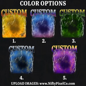 Pode incluir: Cinco op&ccedil;&otilde;es de cores diferentes para um design personalizado com um fundo de raio. O texto "CUSTOM" &eacute; exibido em negrito em cada op&ccedil;&atilde;o. As cores de fundo s&atilde;o amarelo, azul, verde, azul e roxo.
