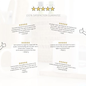 May include: A white mug with customer testimonials and a '100% Satisfaction Guarantee' banner. The reviews praise the quality and service. The image includes five gold stars, indicating high ratings.