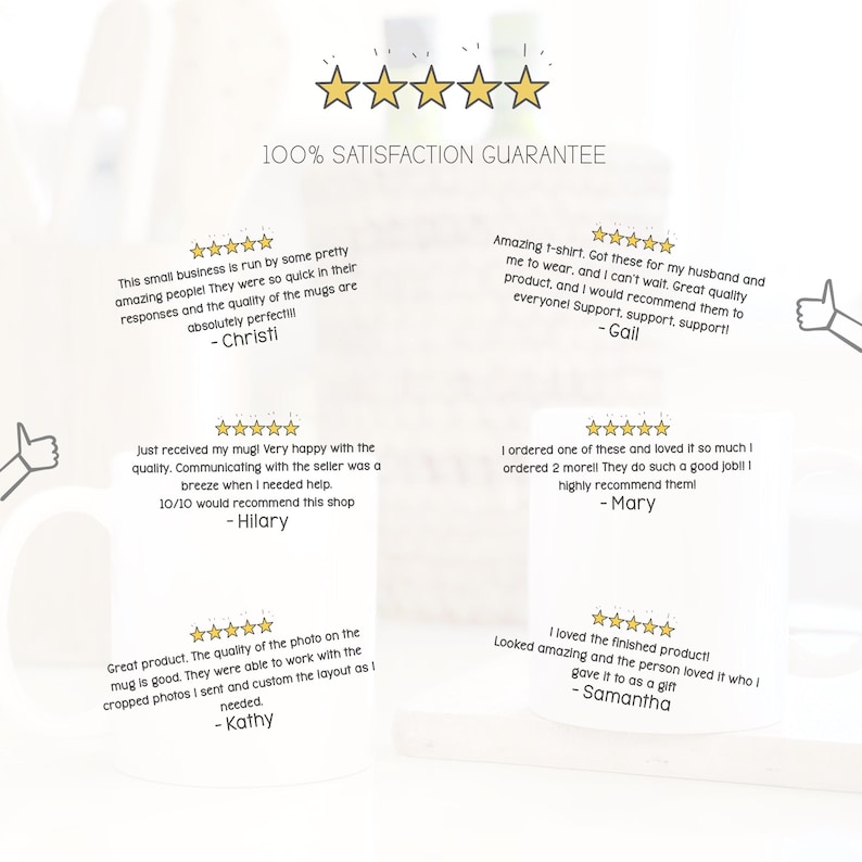 May include: A white mug with customer testimonials and a '100% Satisfaction Guarantee' banner. The reviews praise the quality and service. The image includes five gold stars, indicating high ratings.