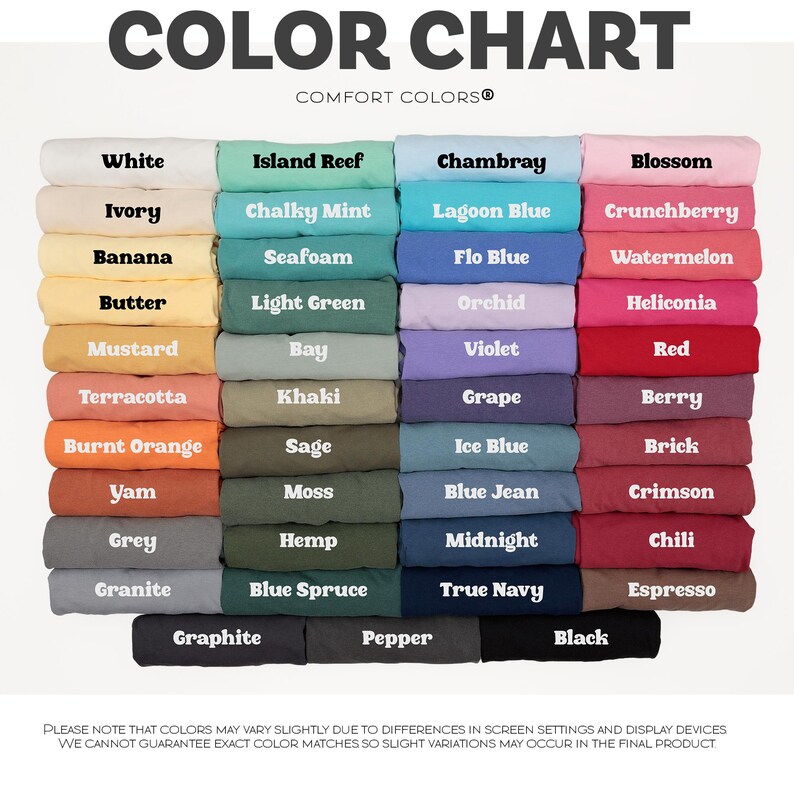 May include: A color chart displays a variety of fabric colors, including white, ivory, and black. The chart includes names like "Island Reef," "Chambray," and "Blossom." The text "COLOR CHART" is at the top.