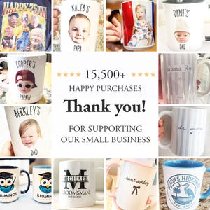 May include: A selection of personalised mugs with different designs and text. Some mugs display baby photos, while others have names such as "Kaleb's Papa" and "Dani's Dad." The image also includes a t-shirt and mugs with text like "Happy 75th" and "Groomsman."
