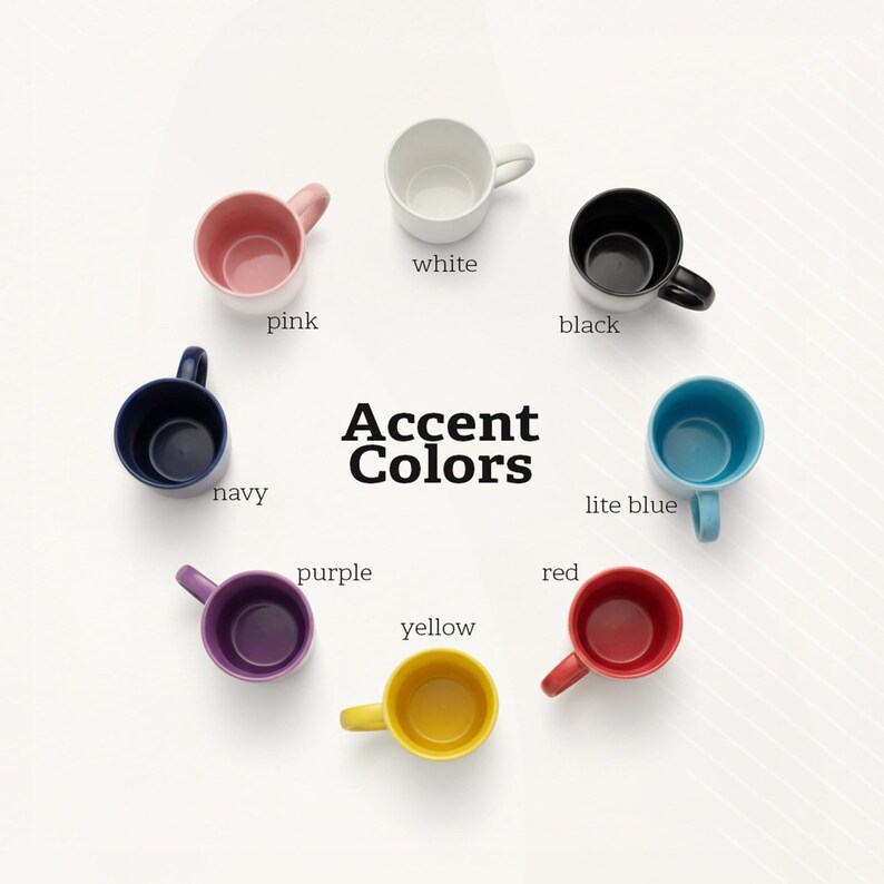 May include: A collection of ceramic mugs in various colors, including pink, white, black, navy, light blue, red, yellow, and purple. The mugs are arranged in a circular pattern with the text "Accent Colors" in the center.