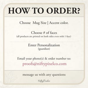 May include: Cream-colored graphic with the text "HOW TO ORDER?" and instructions for choosing mug size, accent color, number of faces, and personalization. Includes an email address for sending photos and order number.