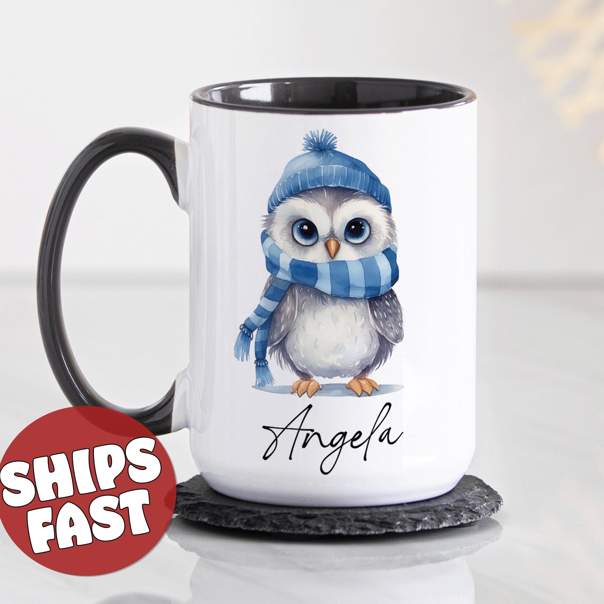 Custom Owl Mug, Owl Lover Gift, Owl Wearing Scarf and Hat Mug, Large Winter Mug, Personalized Gift I