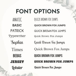 May include: A graphic showcasing font options, such as AMATIC, BASIC, PATRICK, Typewriter, Sophia, Times, BEBAS, JERSEY, and Lobster. Each font is demonstrated with the phrase "QUICK BROWN FOX JUMPS" in different styles.