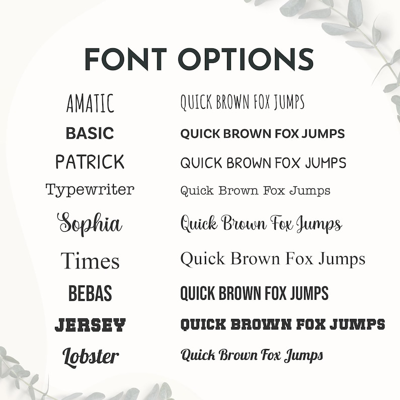 May include: A graphic showcasing font options, such as AMATIC, BASIC, PATRICK, Typewriter, Sophia, Times, BEBAS, JERSEY, and Lobster. Each font is demonstrated with the phrase "QUICK BROWN FOX JUMPS" in different styles.
