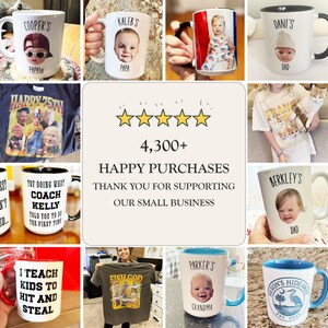 May include: A collection of personalized mugs and a t-shirt. The mugs feature custom photos and names like "Cooper's Papaw", "Kaleb's Papa", "Dani's Dad", "Berkley's Dad", and "Parker's Grandma". The t-shirt has a graphic and the text "Fish God".