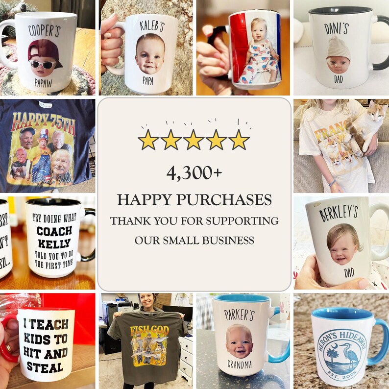 May include: A collection of personalized mugs and a t-shirt. The mugs feature custom photos and names like "Cooper's Papaw", "Kaleb's Papa", "Dani's Dad", "Berkley's Dad", and "Parker's Grandma". The t-shirt has a graphic and the text "Fish God".