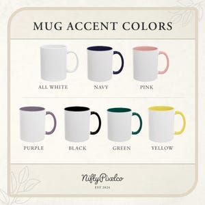 May include: A display of white ceramic mugs with accent colors inside and on the handle. The accent colors include navy, pink, purple, black, green, and yellow. The text "MUG ACCENT COLORS" is at the top.