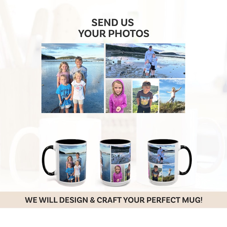 K&ouml;nnte beinhalten: Drei wei&szlig;e Tassen mit schwarzen Henkeln und schwarzem Rand. Jede Tasse zeigt eine Collage von Fotos von Kindern und Erwachsenen in verschiedenen Umgebungen. Der Text "SEND US YOUR PHOTOS" befindet sich oben im Bild und der Text "WE WILL DESIGN & CRAFT YOUR PERFECT MUG!" unten im Bild.