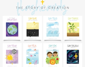 7 Days of Creation Flash Cards, Genesis, Bible Lesson for Kids, Homeschool Activities, Sunday School Lesson, Christian Kid Friendly Activity